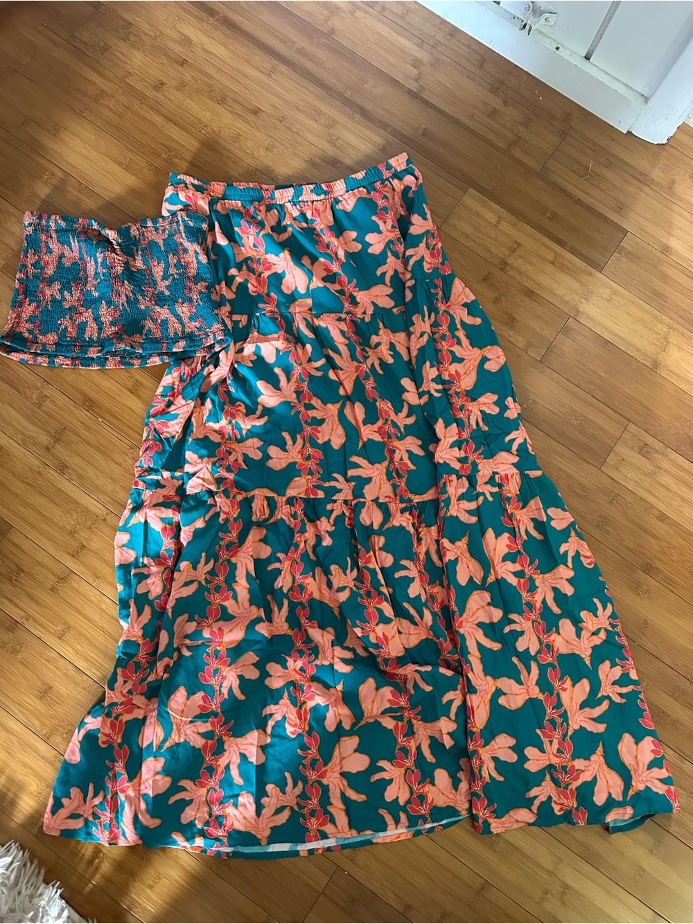 Teal Floral Maxi Skirt with Coral Print